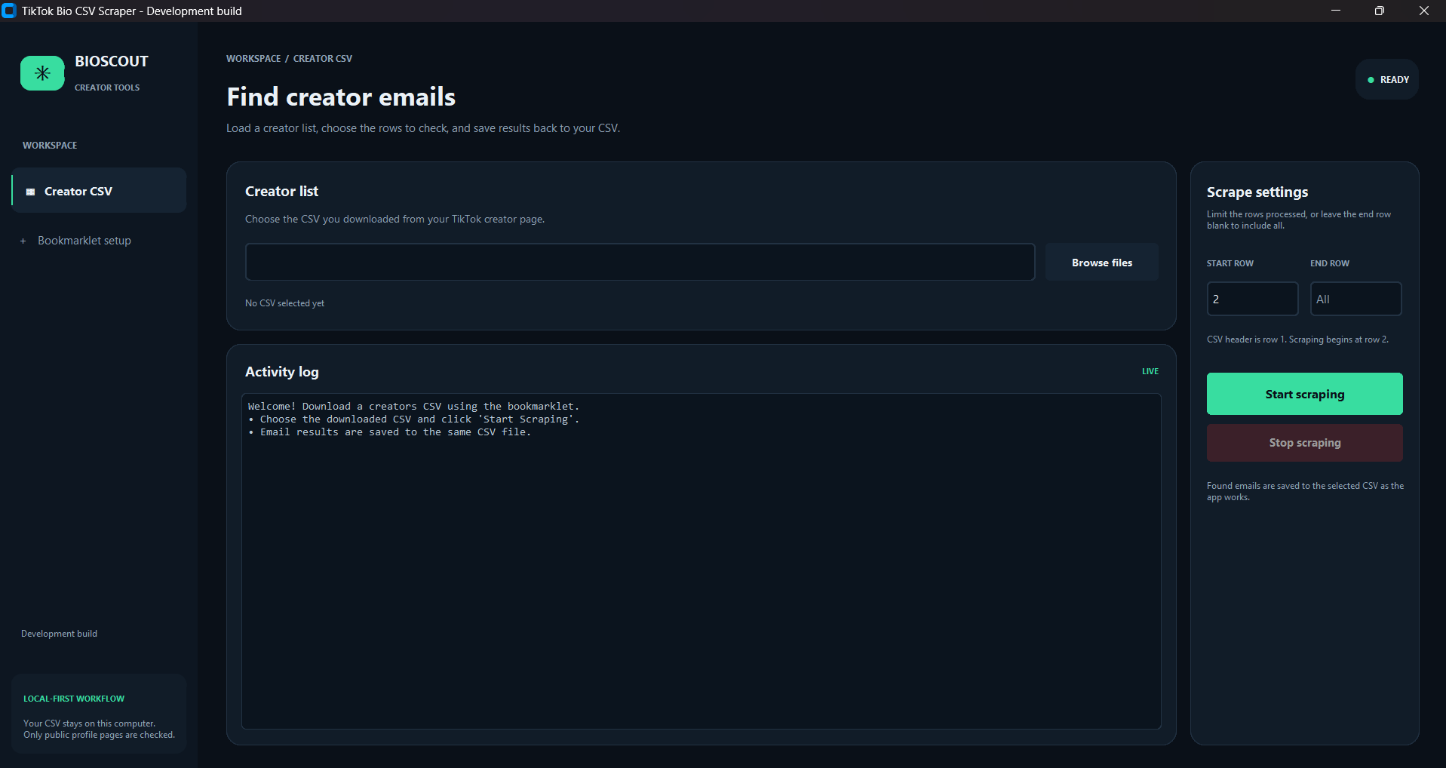 KOLScout desktop app showing the creator CSV workspace, activity log, and scrape settings